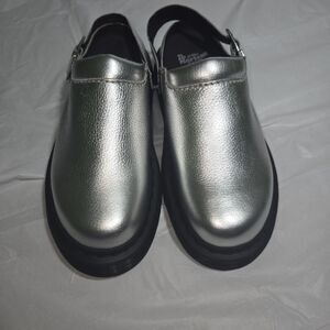 Dr Martens Laketen Women Size 7 Silver Metallic Leather Slingback Clog Mules NEW